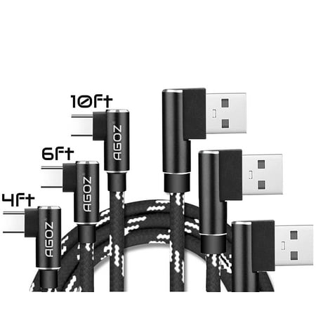90 Degree Cable Agoz 3pack TYPE C FAST Charger 4/6/10ft 90 Degree Right Angle USB Cable For Samsung Galaxy S10 Plus S10e, Note 9 8,S9, S8 LG Stylo 4, G7 ThinQ V40, Moto Z2 Force,Z3 Play Google Pixel 3 XL, OnePlus 6T ()