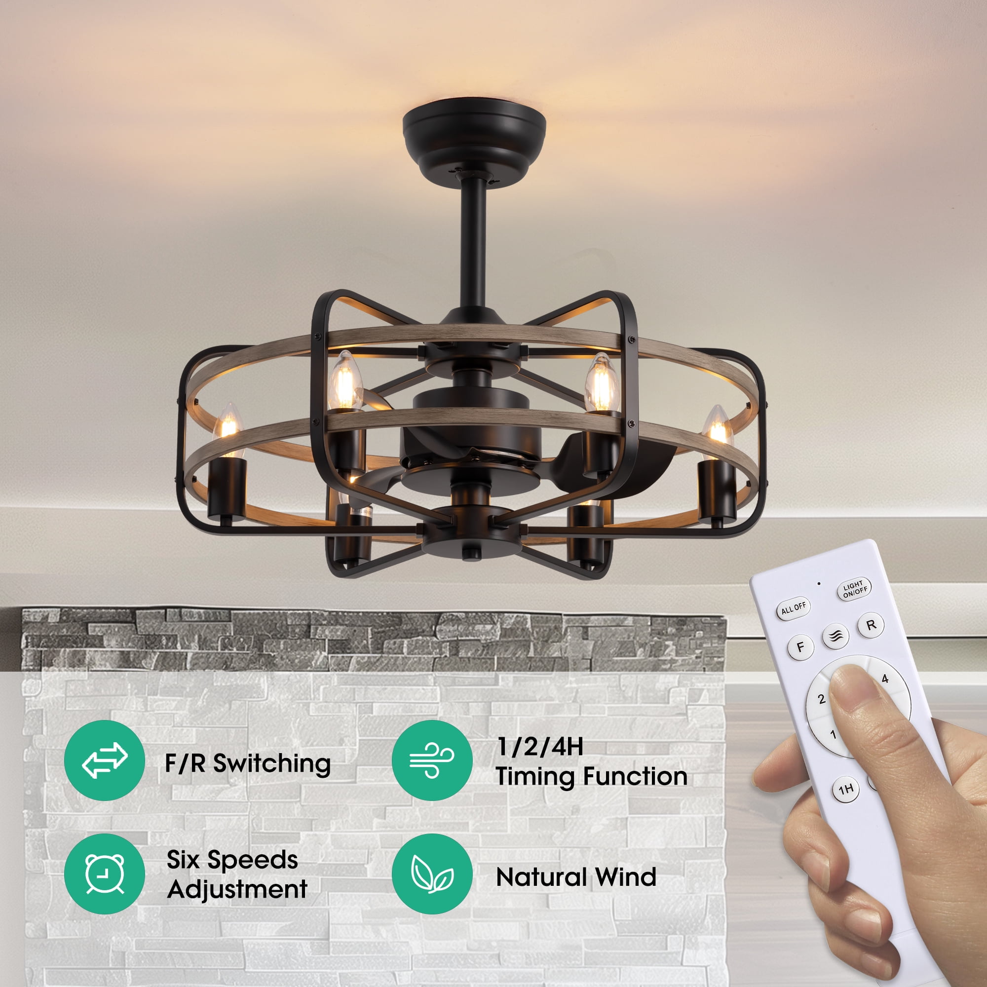 HOOMEDELIER 25" Vintage Ceiling Fan with Light and Remote Farmhouse Caged Chandelier Fan for Living Room Dining Room