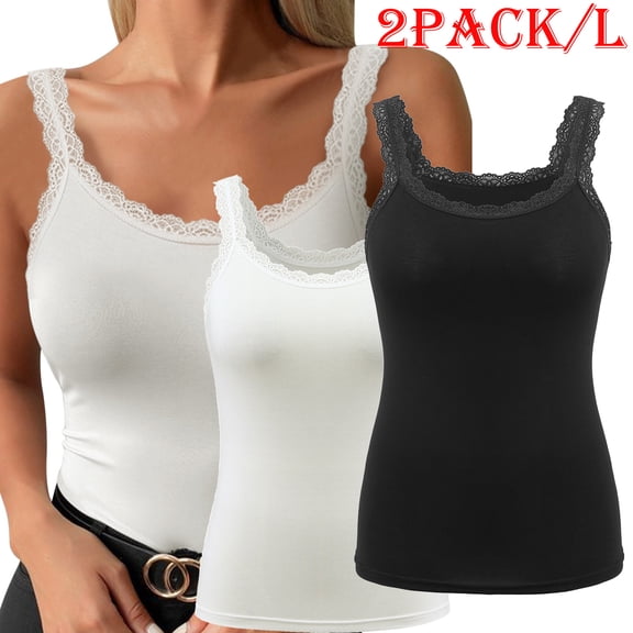 LSIRC 2 Pack Fashion Women Tank Tops Women Solid Lace Strap Vest Sleeveless Underwear Splice Tank Tops Blouse Tops Soft Casual Ladies Vest - L - Black & White