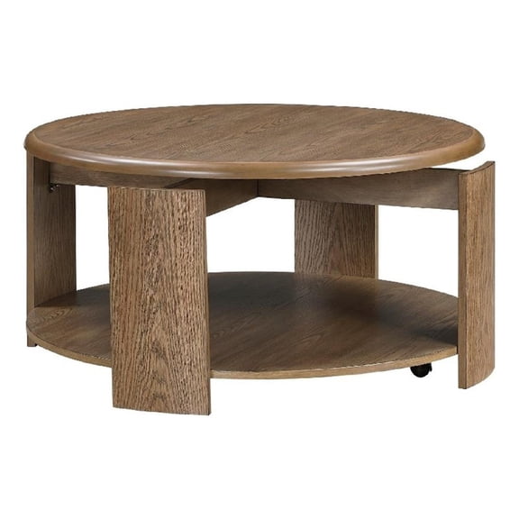 Coffee Table- 40 Inch Round Swivel Top- Lower Open Shelf- Brown