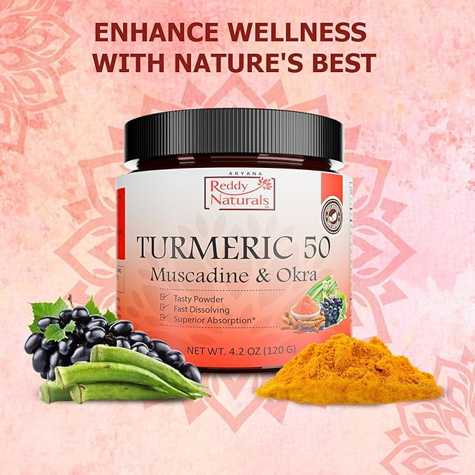 Aryana Reddy Naturals Turmeric 50 Powder – Organic Turmeric Supplement with Curcumin, Muscadine Grape & Okra Extract, Fast-Dissolving Superfood Formula for Daily Wellness & Digestion Support- 4.2 Oz