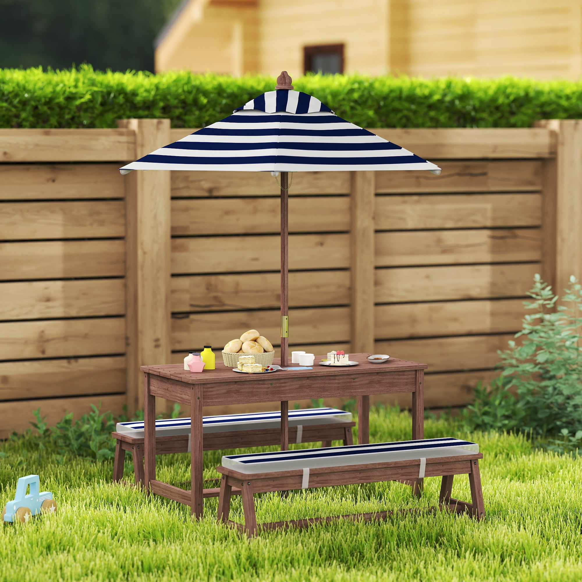 Best Choice Products Kids Wooden Picnic Table Outdoor Activity Table w Adjustable Umbrella Seats Navy Blue