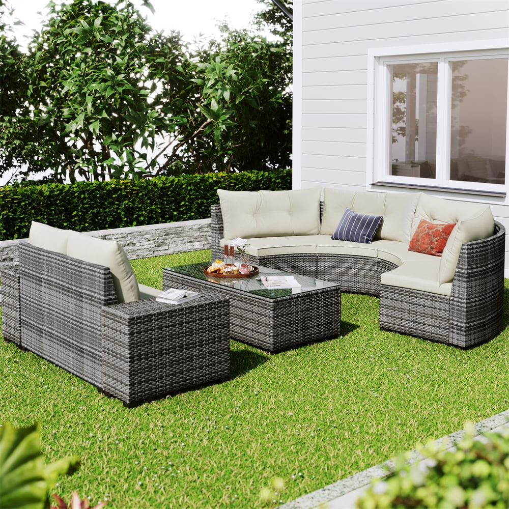 8 Pieces Outdoor Wicker Round Furniture Set, All Weather Half-Moon Sectional Patio Sofa Sets with Rectangular Coffee Table, Beige