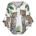 thumbnail image 5 of Leopards Tropical Flowers Paradise Art Women's V-Neck Blouse With 3/4 Ruffled Bell Sleeves Casual Top Ladies Blouses, 5 of 7