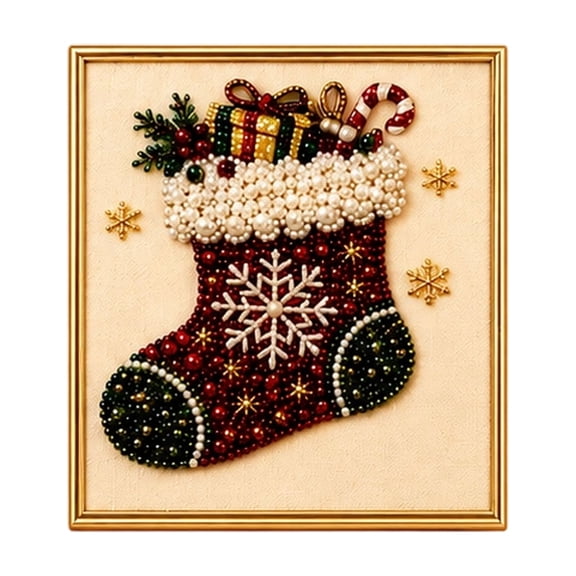 DIY Christmas Pearl Diamond Painting Art Kit with Frame, Festive Pearl Beads Art Craft for Home Wall Decor, Gemstone Diamond Dots Set for Indoor Holiday Decoration (Christmas Stocking)