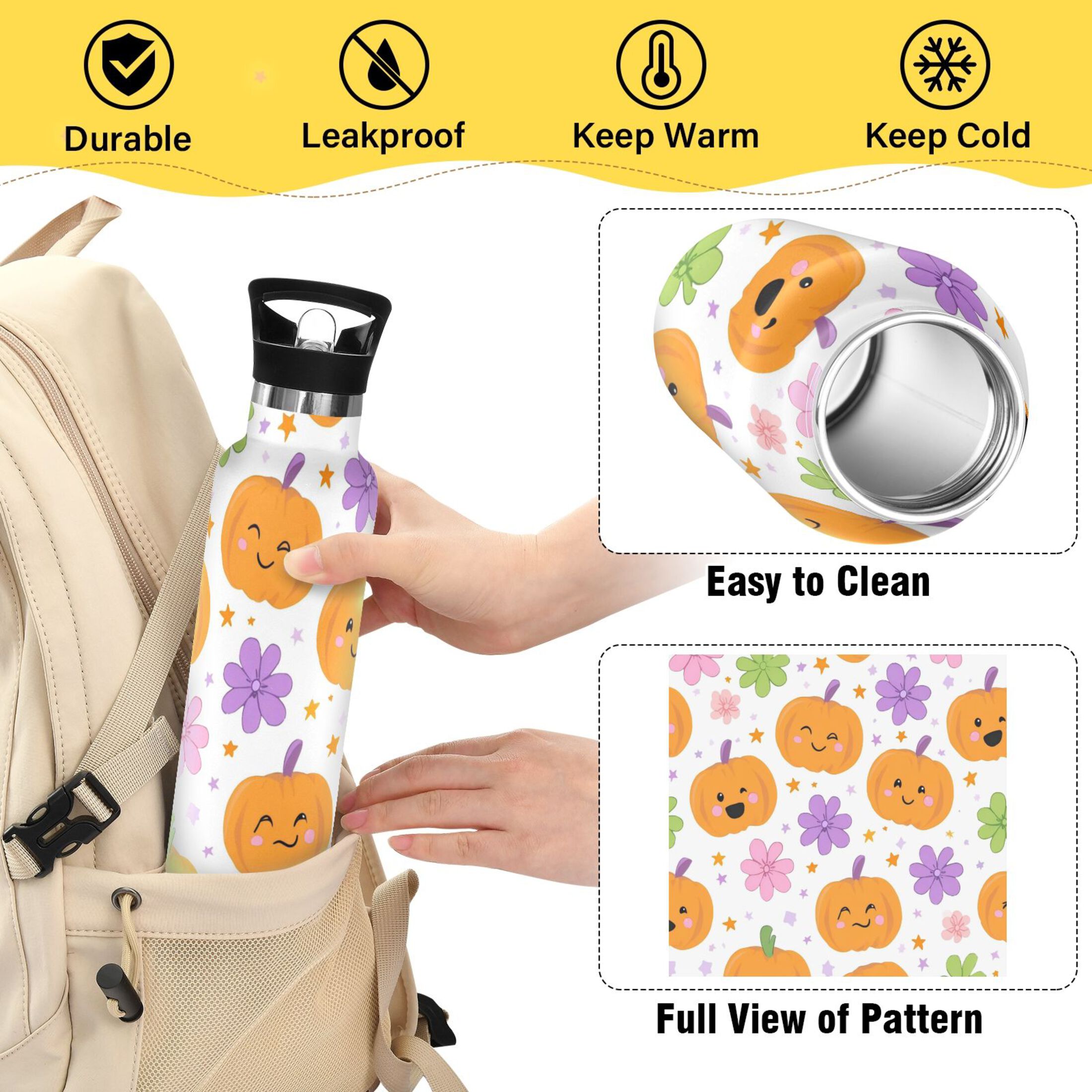 Kids Insulated Stainless Steel Sports Water Bottle 600ml (20oz) Smiling Pumpkins and Flowers