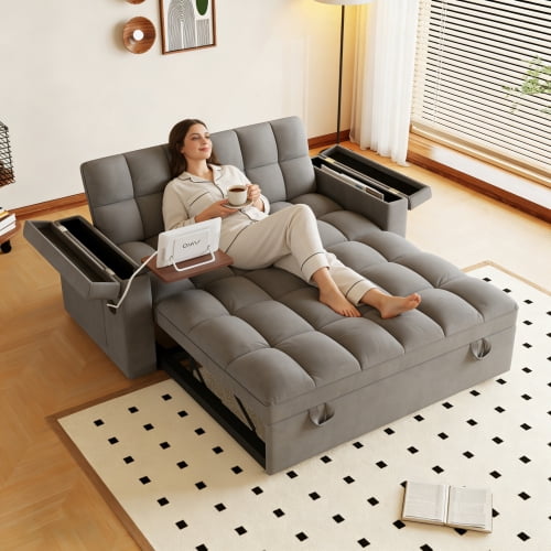 REHOUSING Velvet Multifunctional Pull-Out Sofa Bed with Hidden Side Table and Storage Armrests, Gray