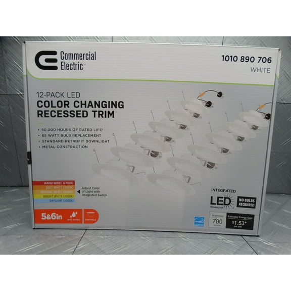 Commercial Electric 5/6 in. Integrated LED Recessed Retrofit Light Trim with Selectable Color Temperature, (12-Pack)