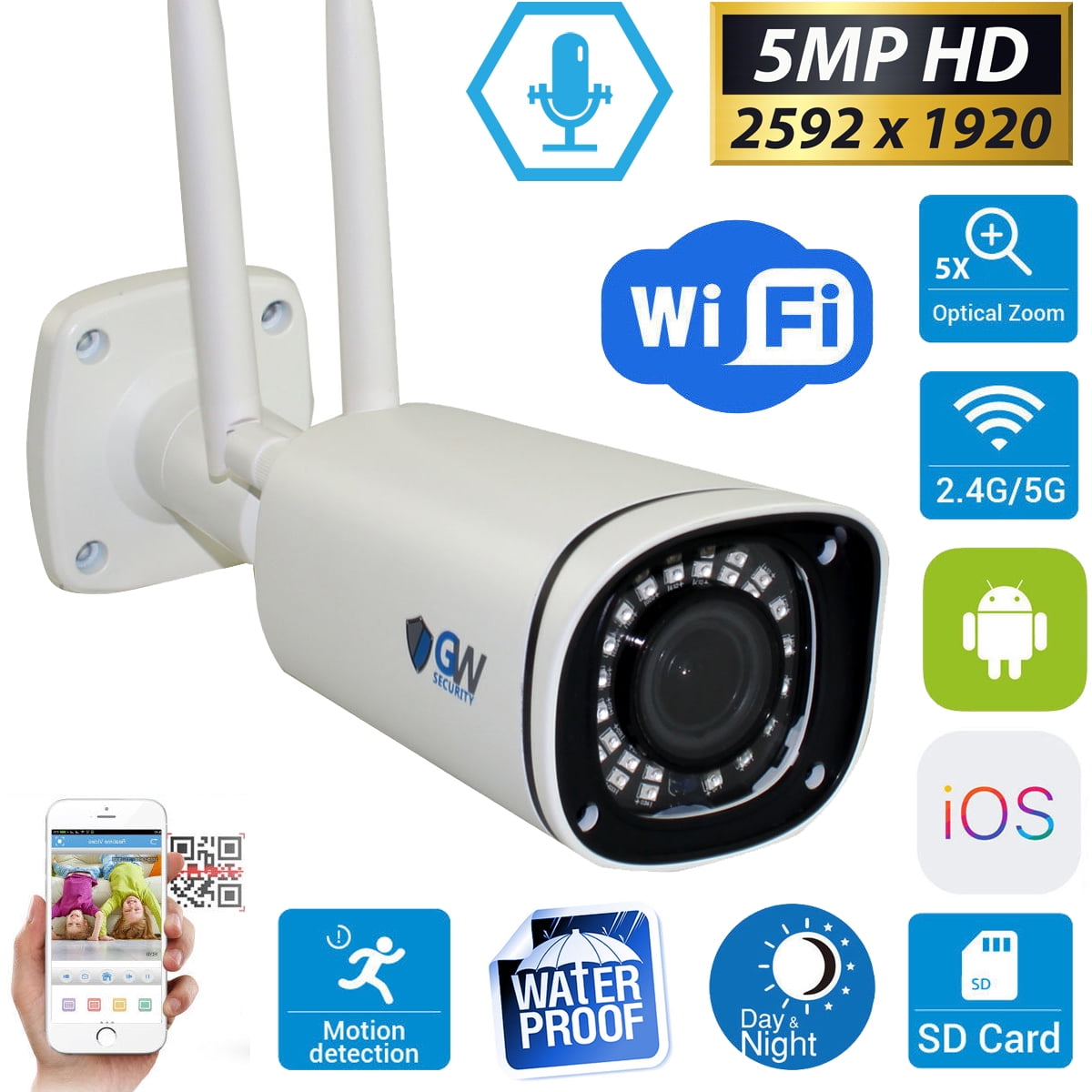 GW Security 5MP 1920P H.265 Security IP Wireless Camera with 5X Optical