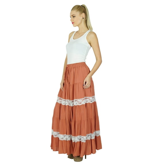 Bimba Long Flaired Cotton Lace Skirt Boho Style Maxi Elastic Waist Bottoms