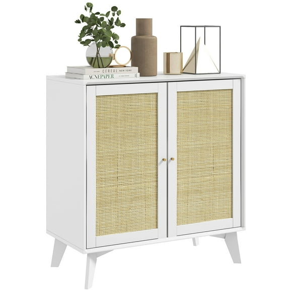 HOMCOM Boho Storage Cabinet, Kitchen Cabinet with 2 Rattan Doors