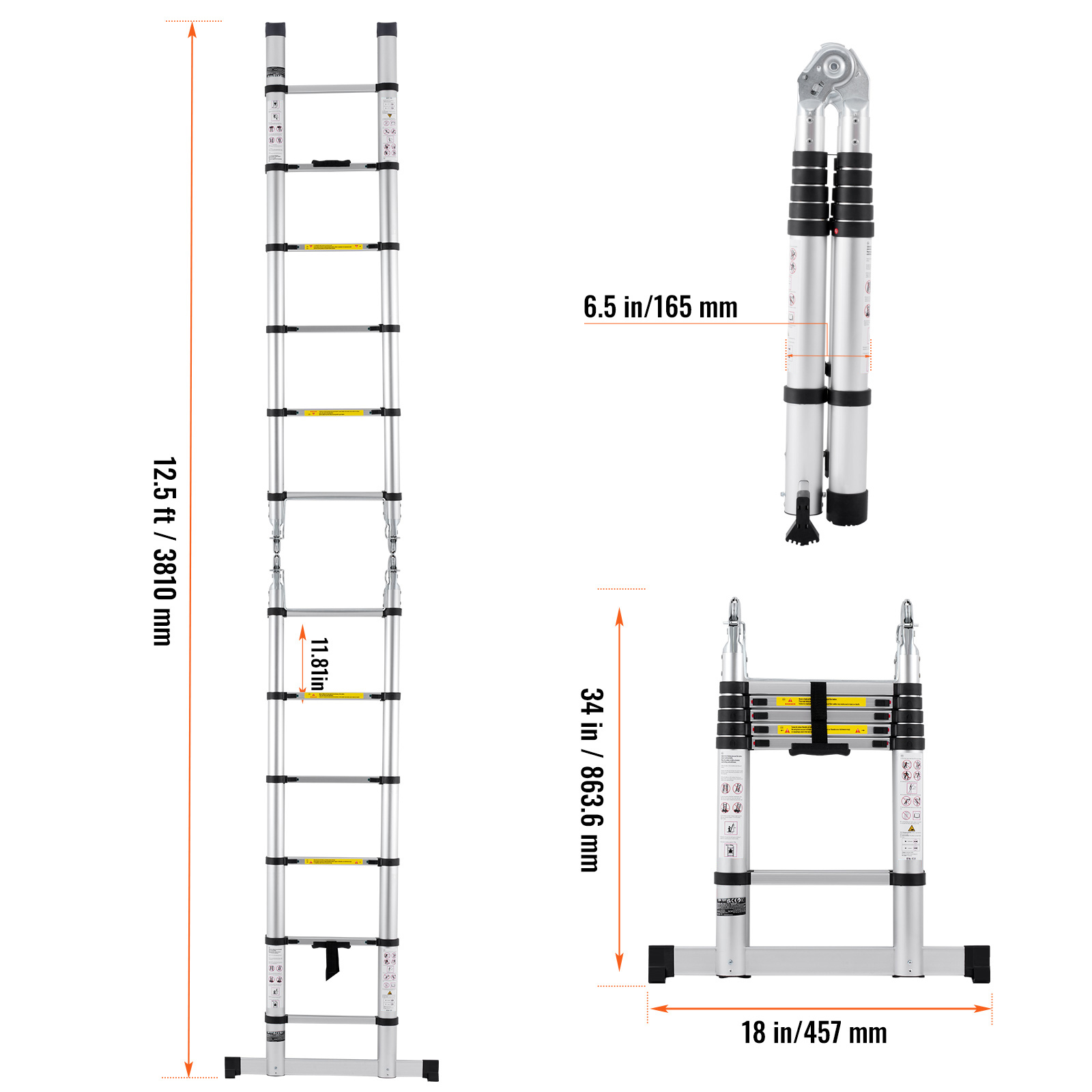 KFFKFF 12.5ft A-Frame Telescoping Ladder with 375lb Capacity photo 8
