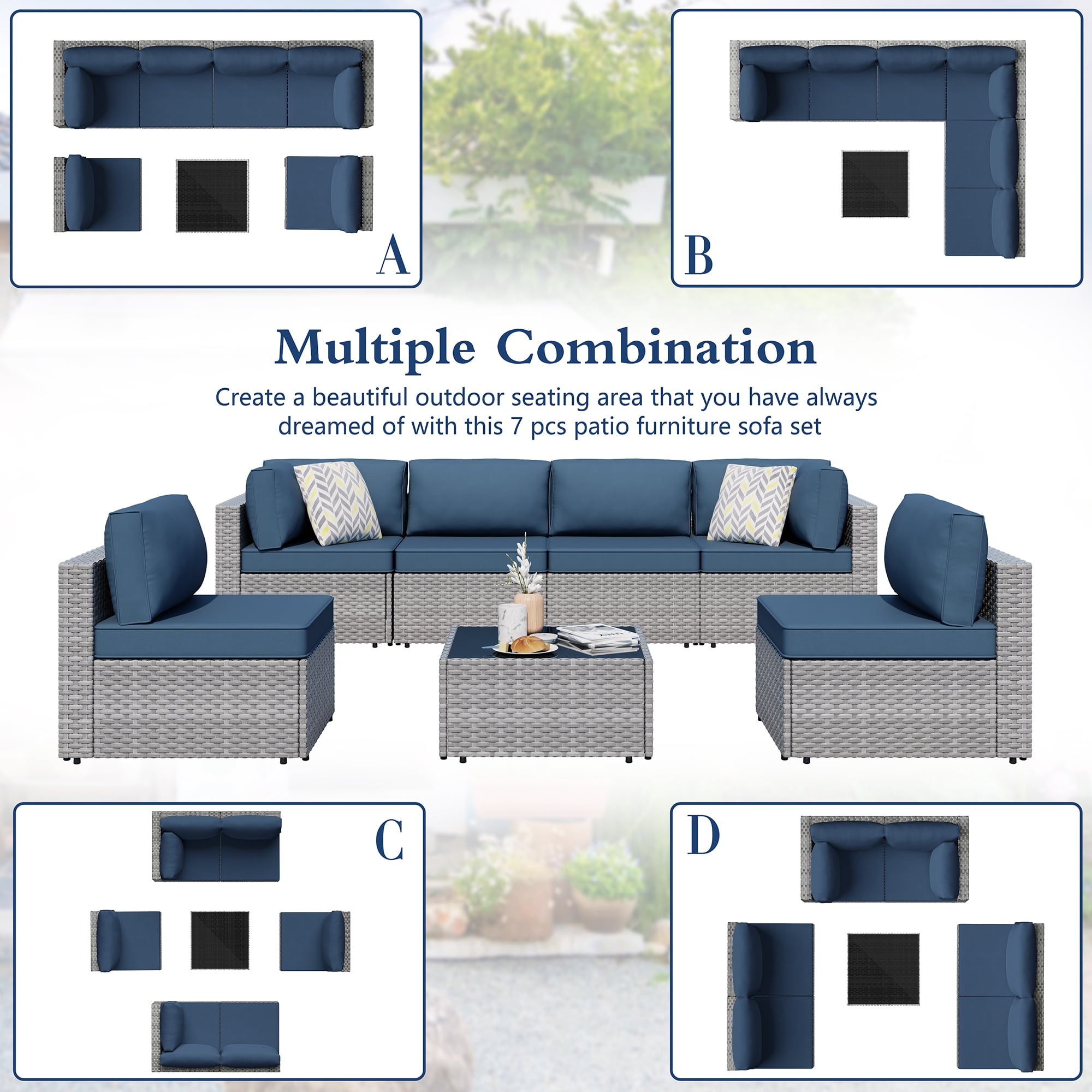 Walsunny 7 Piece Outdoor Patio Furniture Set, All-Weather PE Rattan Wicker Modular Sectional Conversation Sofa Set with Thick Cushions & Glass Coffee Table for Backyard, Poolside, Garden, Aegean Blue