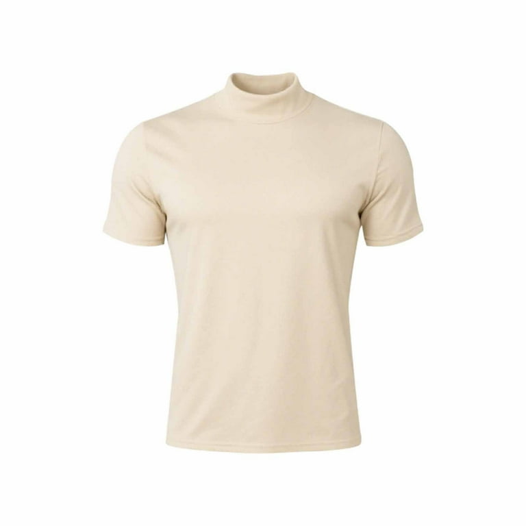Dolkfu Mock Neck Men Shirt Short Sleeve Athletic Beige T Shirt