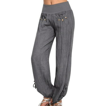 

YanHoo Women s Baggy Loose Pants Linen Buttons Elastic Waist Straight Wide Leg Trouser Solid Plus Size Pants