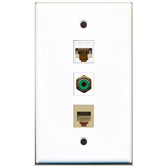 RiteAV - 1 Port RCA Green and 1 Port Phone RJ11 RJ12 Beige and 1 Port Cat6 Ethernet White Wall Plate
