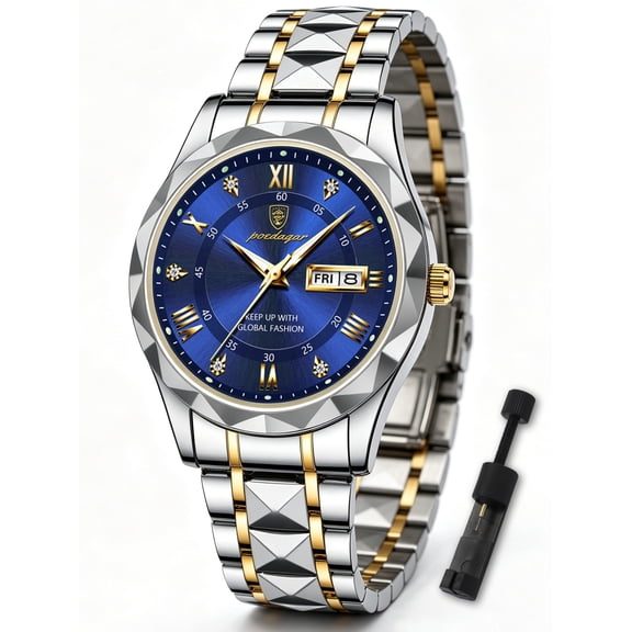 POEDAGAR Men's Business Quartz Wrist Watch, Blue Round Dial with Dual Date Display, Stainless Steel Band Watches for Men