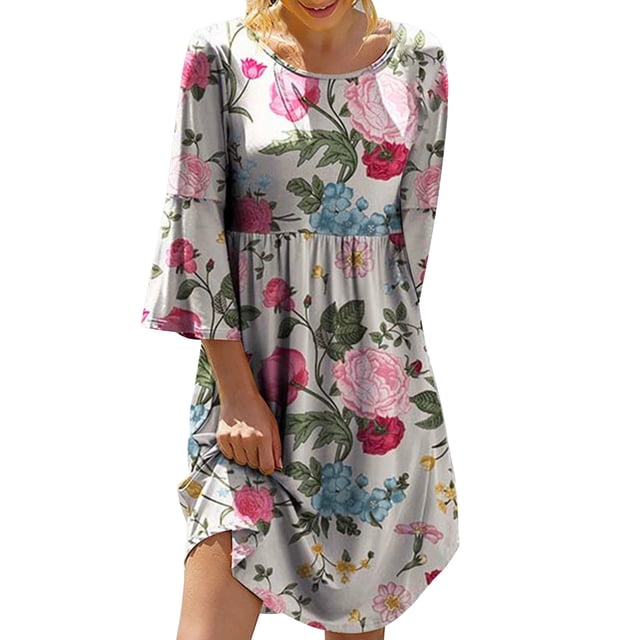 Femmes Robe de Soirée Robe de Soirée O Robes Décontractées Col Rond 3/4 Manches Cloche Tunique en Vrac Robe Adulte Vêtements Féminins F Taille M