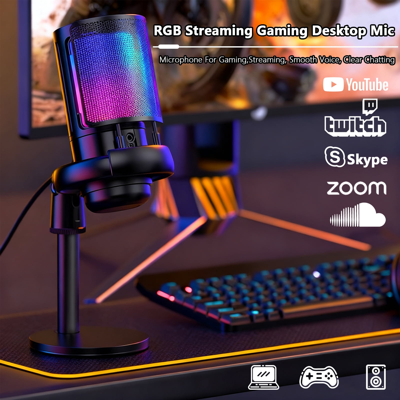 Gaming Microphone,USB Computer Microphone for PC,Laptop,Condenser Mic RGB,Stand Mic,Cardioid Mic with Quick Mute and Headphone Jack,Recording,YouTube,Game Monitoring,Live Streaming,Podcast & Singing