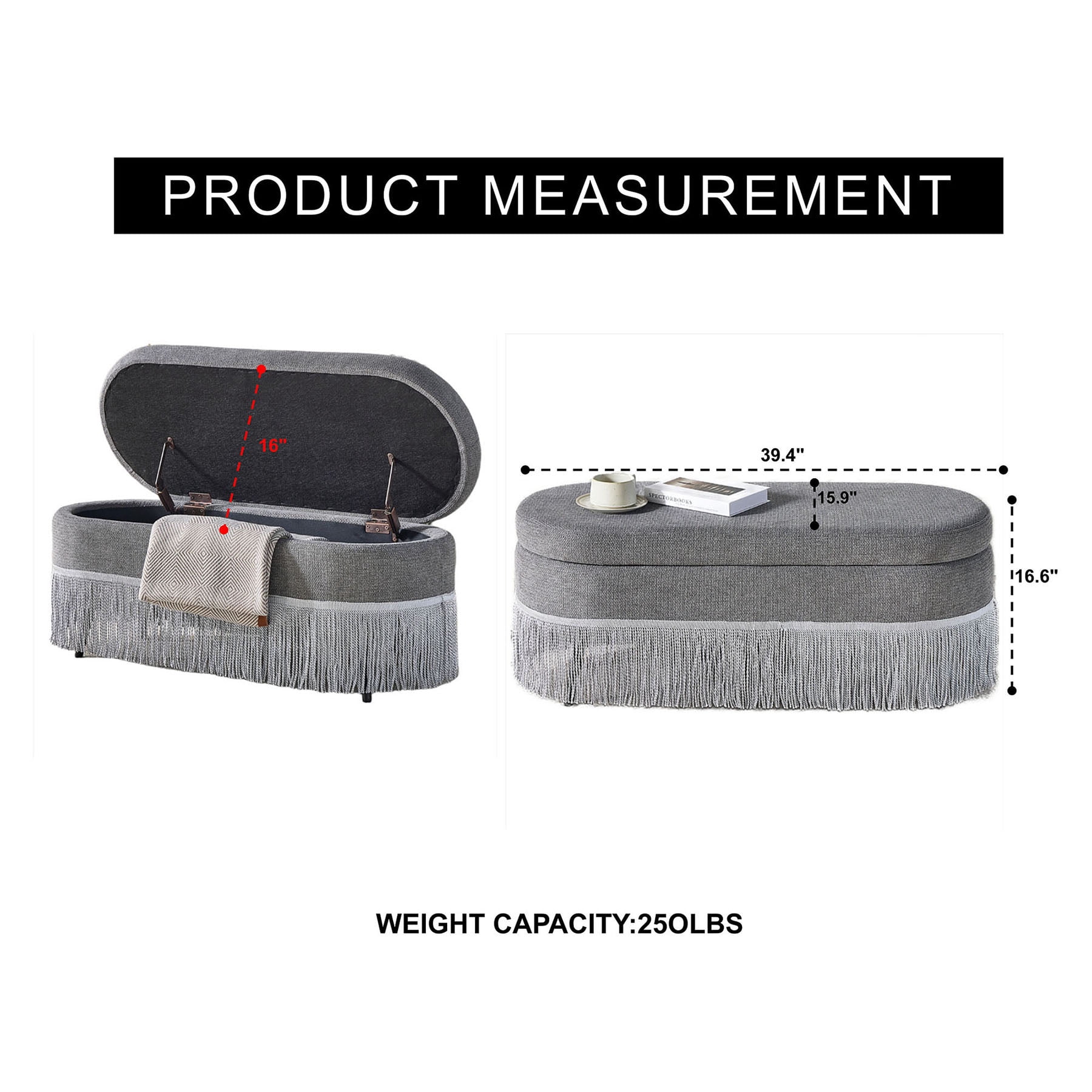 S-HOME Multi-Functional Oval Storage  Upholstered Ottoman with Lift-Top Lid and Metal Legs 39 Inches for Extra Seating and Clutter-Free Organization, Grey