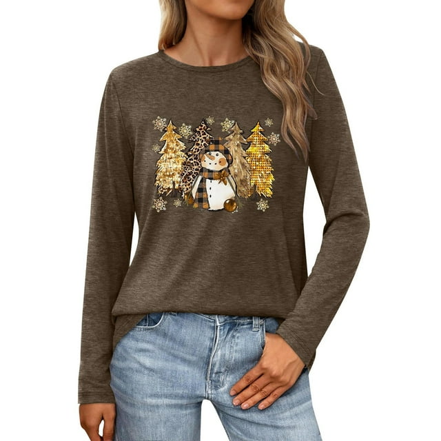 SNKSDGM Hauts à Manches Longues pour Femmes Décontracté Chic Printemps 2026 T-Shirt de Noël pour Femmes Imprimé Lettre T-Shirt Graphique Arbre de Noël Col Rond Manches Longues TTG