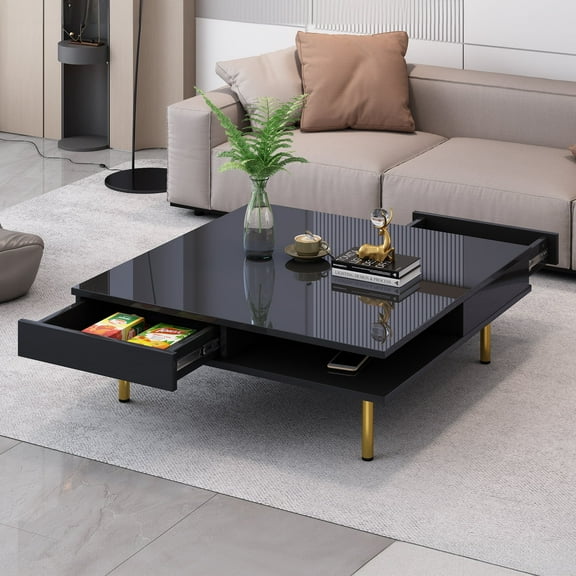 Harper & Bright Designs Modern Square Coffee Tables for Living Room, 2 Tier High Gloss Coffee Table with Golden Legs and 2 Small Drawers, Simple Center Table for Small Space, Black