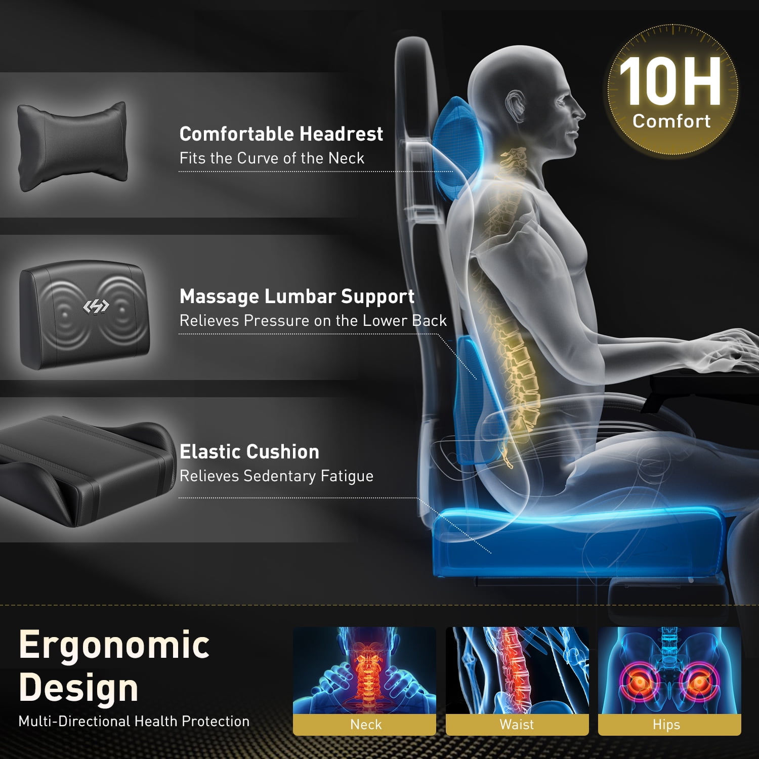 HLDIRECT Ergonomic High Back Gaming Chair with Pocket Spring Cushion, Game Chair with Footrest & Lumbar Massage, Gamer Chair, Computer Chair for Adults, Black
