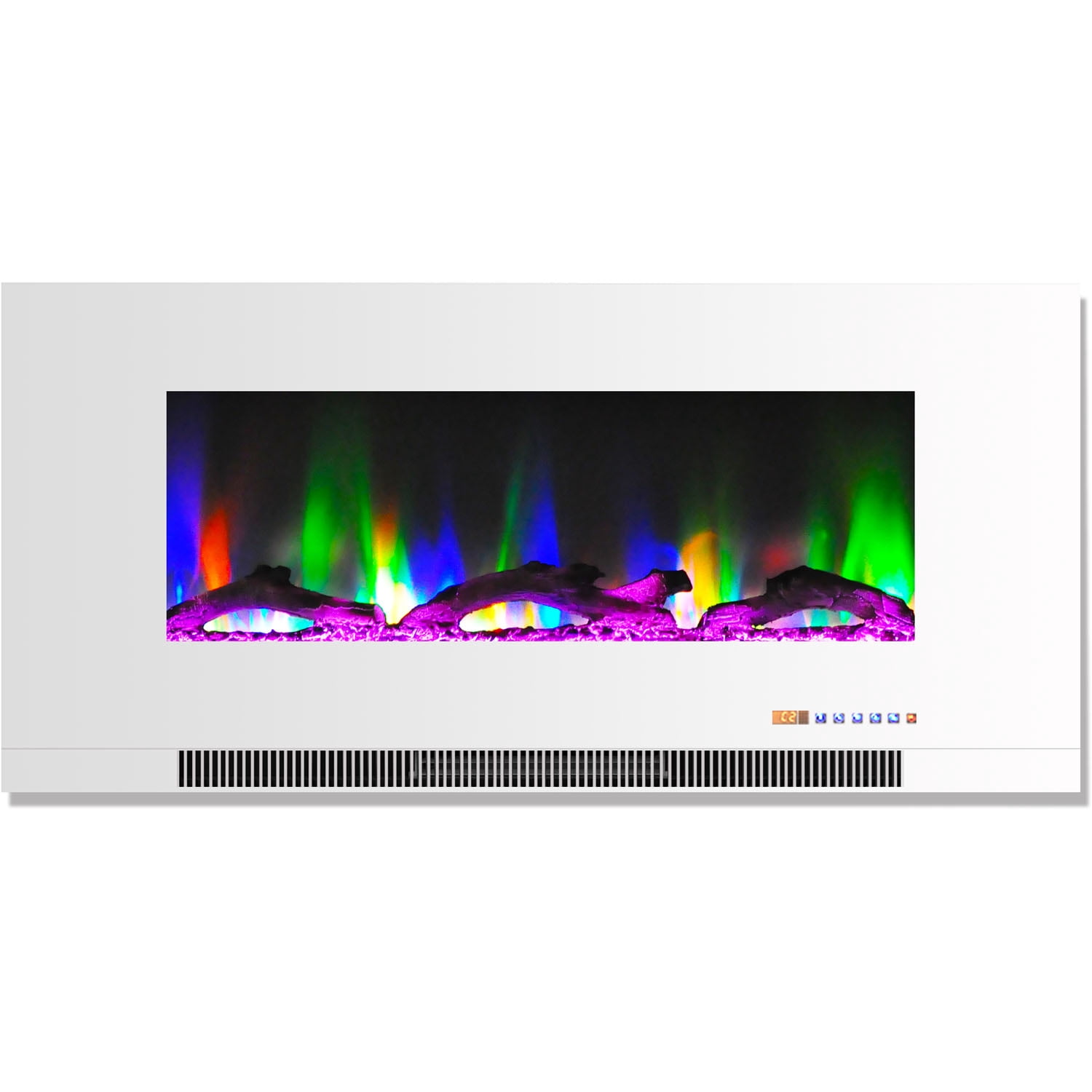 Hanover 42 In. Wall-Mount Electric Fireplace in White with Multi-Color Flames and Driftwood Log Display