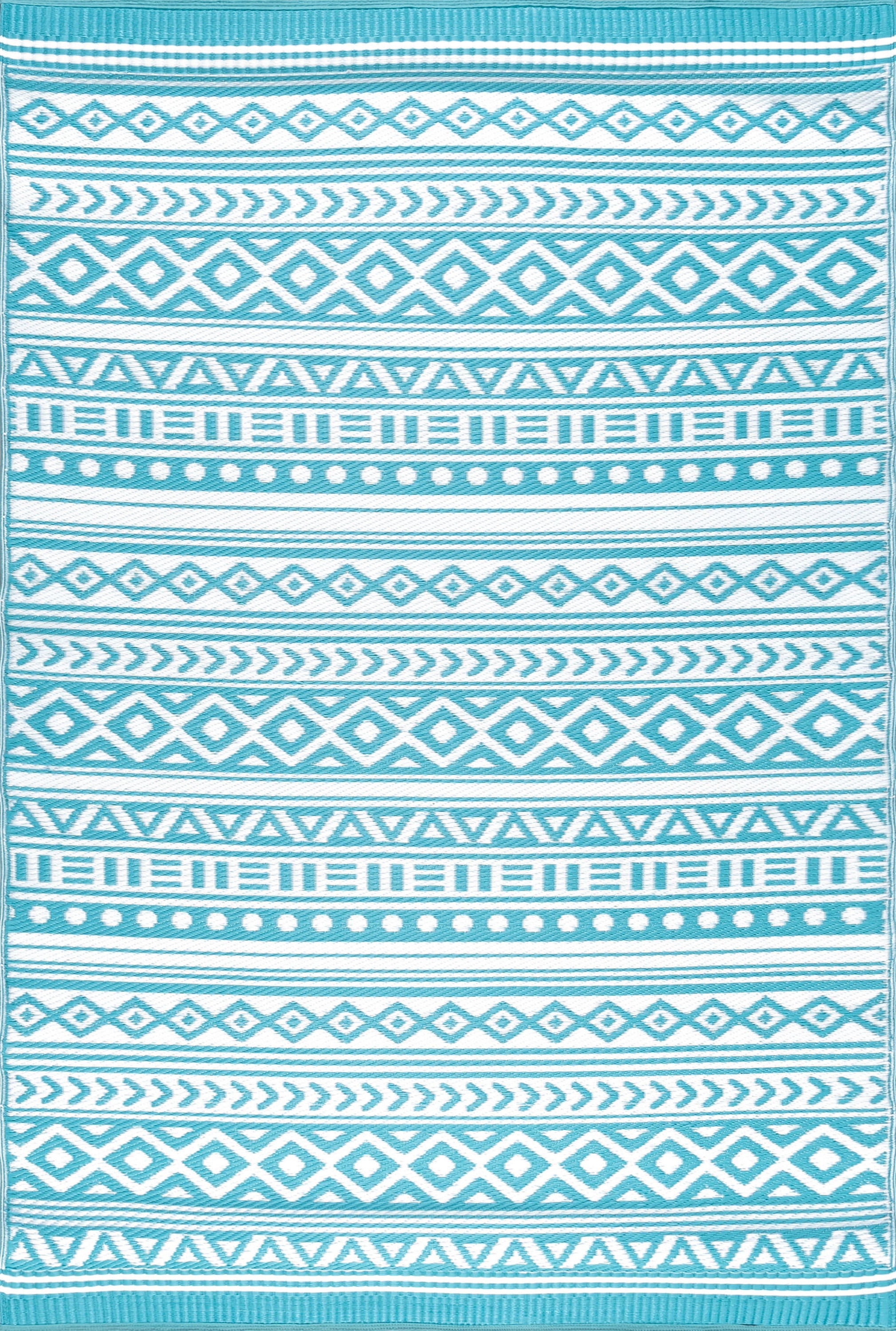 9x12 Reversible Aqua and White Polypropylene Outdoor Stripe Area Rug