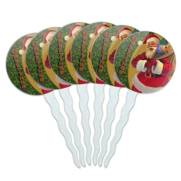 Christmas Holiday Greetings Santa Claus Holly Cupcake Picks Toppers Decoration Set of 6
