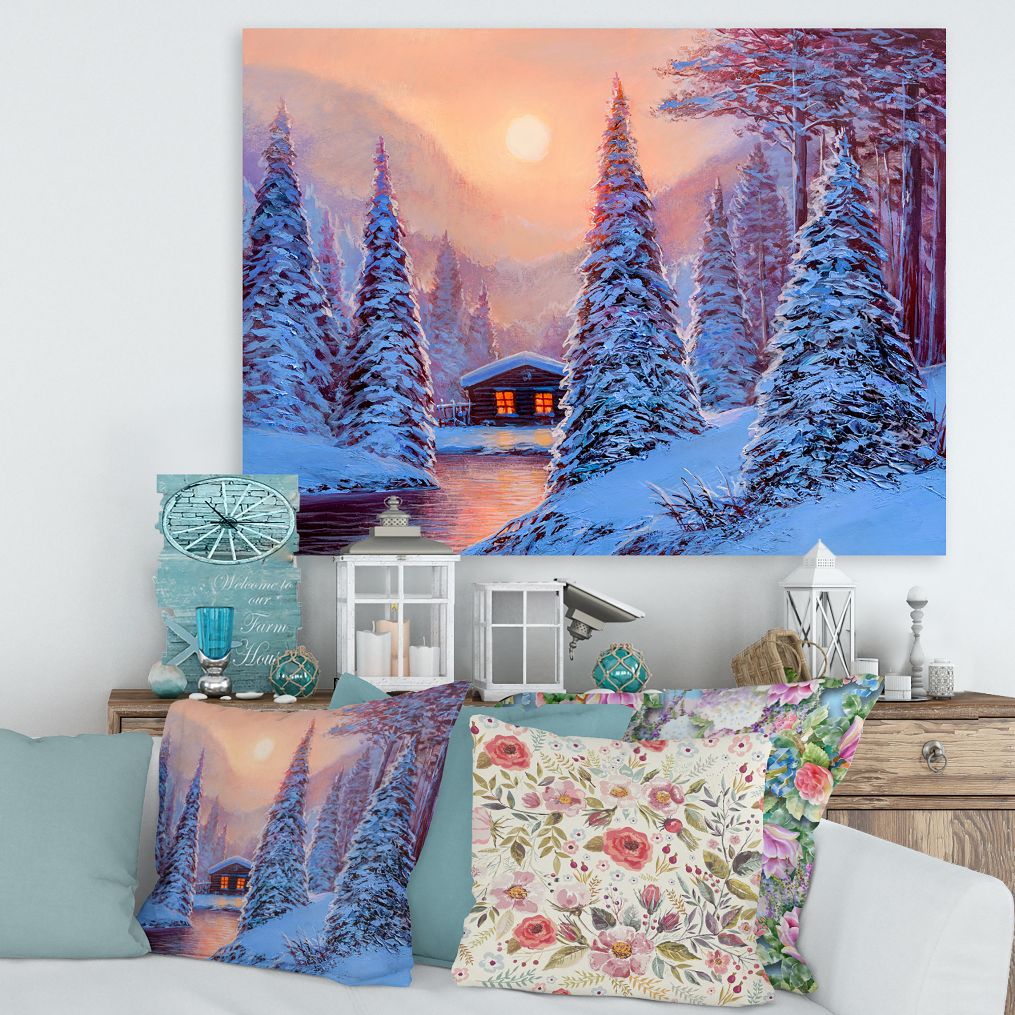 Designart ' The River House In The Woods and Winter Landscape I ' Lake House Canvas Wall Art Print