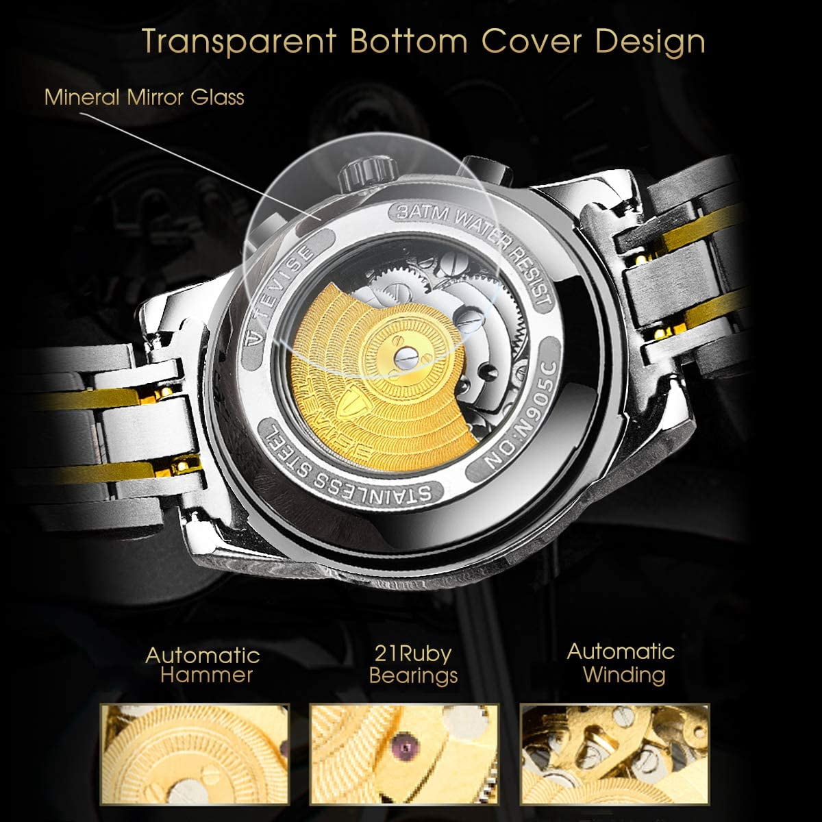 A ALPS Watches for man Automatic Mechanical Watches self Winding Man Watch with Stainless Steel Strap Business Watches Gift for Men
