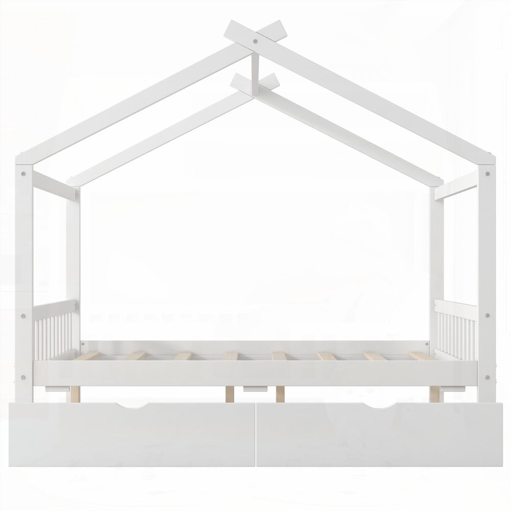 Full Size House Platform Bed with Storage & Roof Design|Two Drawers|White