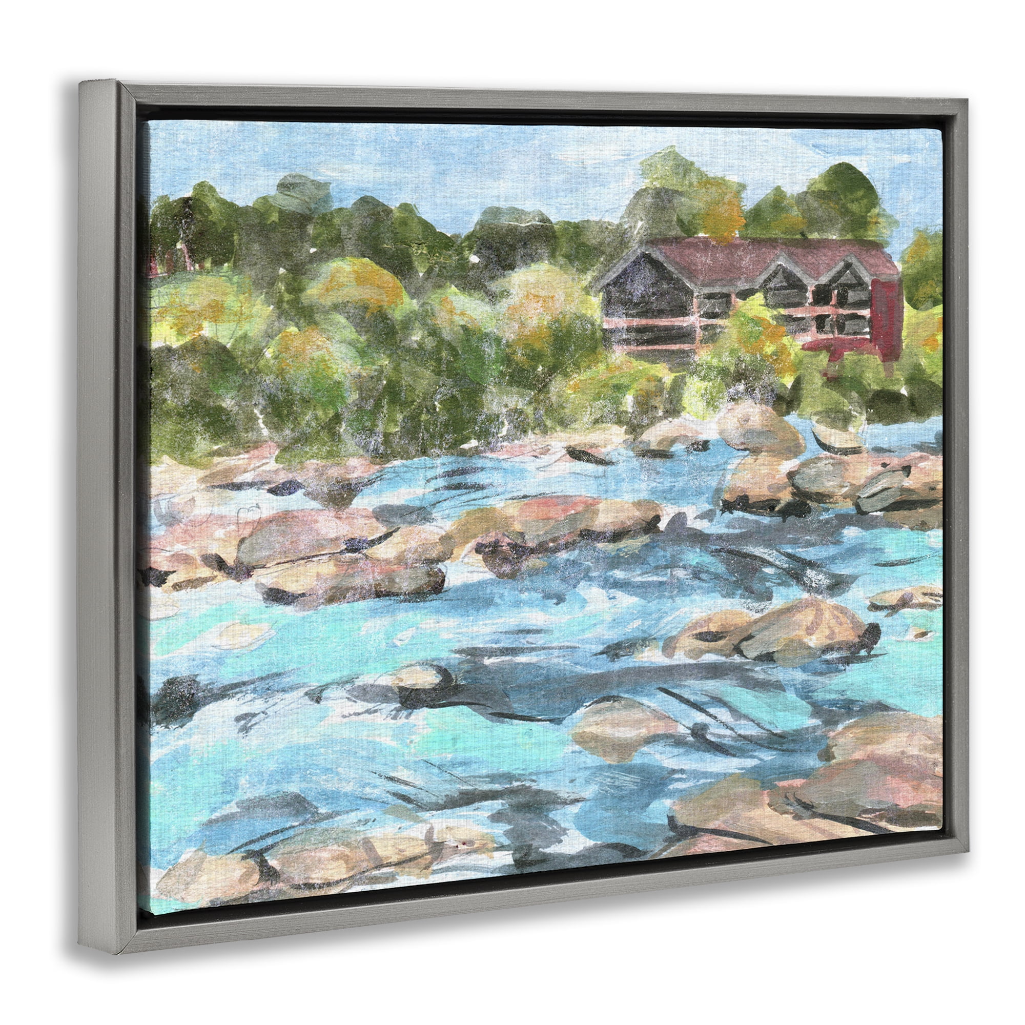 Stupell Industries Rocky River Landscape Landscape Painting Gray Floater Framed Canvas Art Print Wall Art, 21 x 17