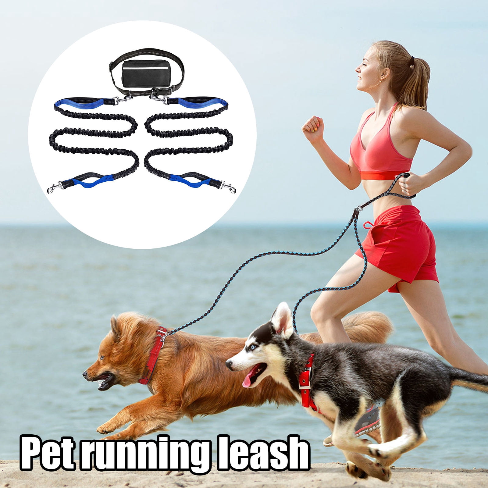 Dog Leash with Waist Bag Reflective Retractable Leash for Two Dogs Hands-Free Running Leash with Padded Handles Night Safety Walking Gear
