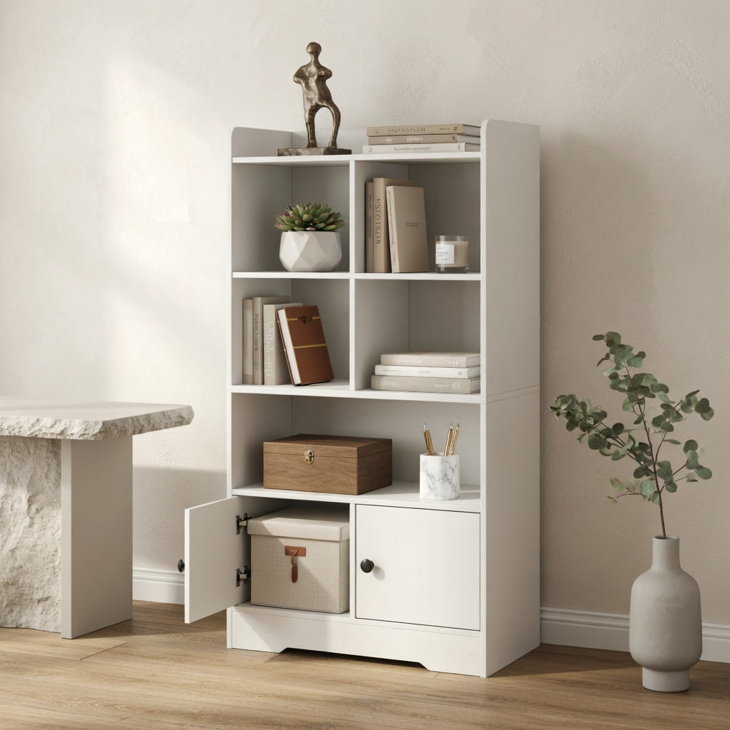 Spaco 4 Tiers Bookshelf with 4 Cubes Display Shelf and 2 Doors-White, Tall Bookshelf, Shelves for Living Room, Home Office, Bedroom, Balcony
