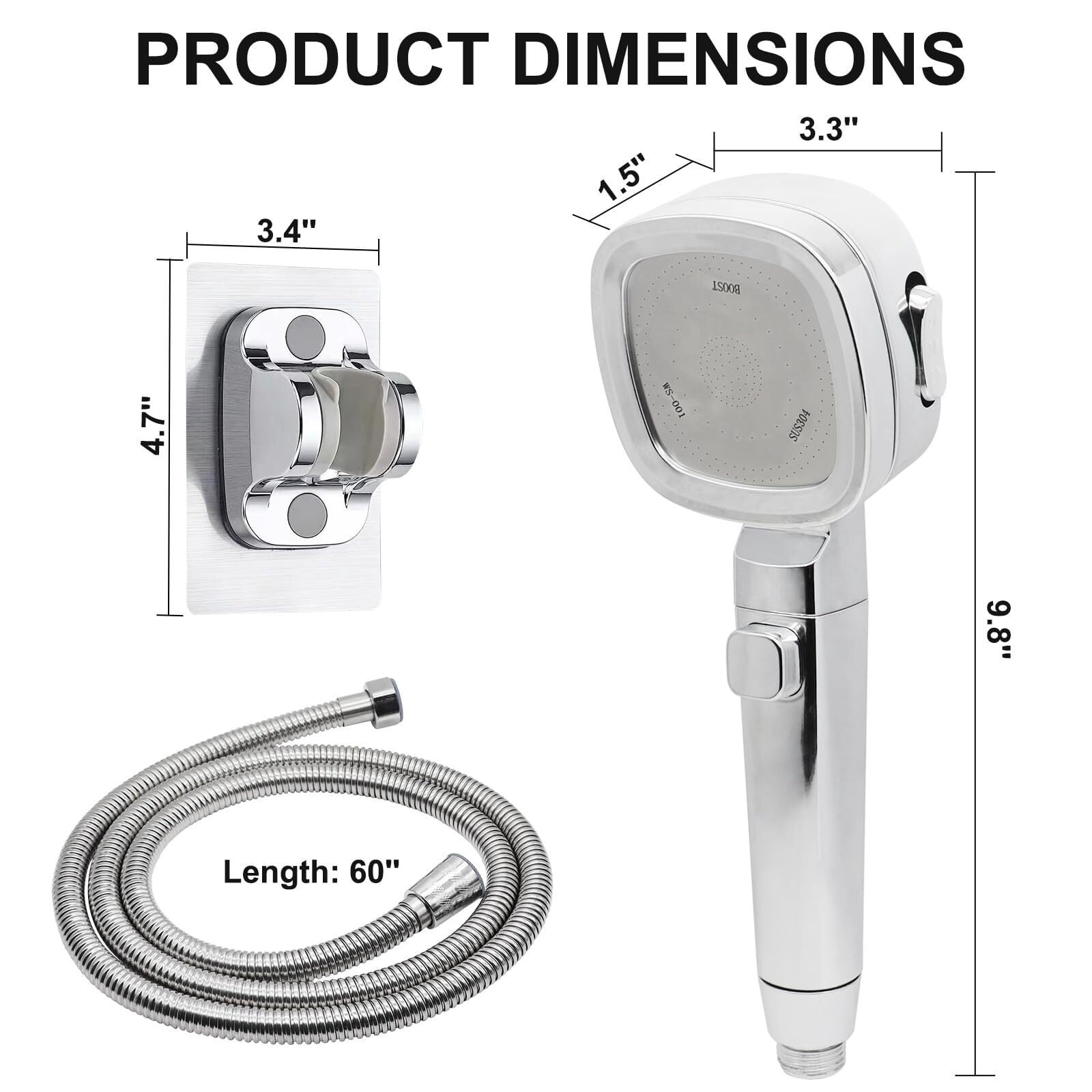 Rv Shower Head with 60" Hose and On Off Switch, 3 Spray Modes High Pressure Water Saving Shower Head with Adhensive Holder for RV, Camper, Travel trailer and Motorhome (Chrome)