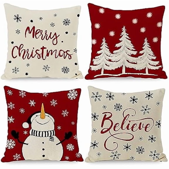 0829 Christmas Pillow Covers 20x20 Set of 4 for Christmas Decorations Snowman Christmas Tree Snowflakes Christmas Throw Pillow Covers Christmas Farmhouse Decor for Couch