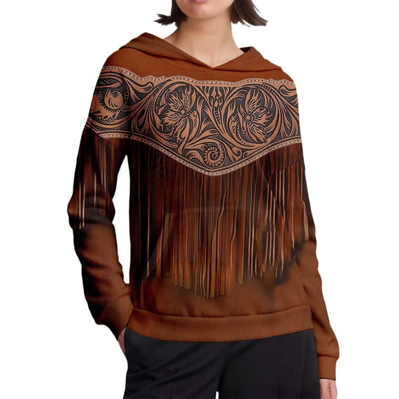 Women Retro Style Loose Hoodie Graphic Printed Long Sleeve Soft Thermal Pullover Heavyweight Coat Brown