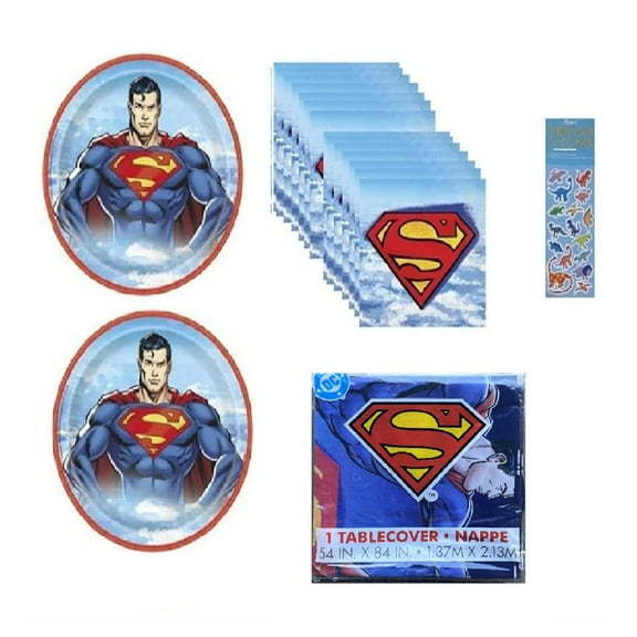 Super Hero Superman Birthday Party Supplies Decoration Bundle Pack includes 16 Paper Large Plates 9", 16 Napkins, 1 Tablecover, 1 Dinosaur Sticker Sheet