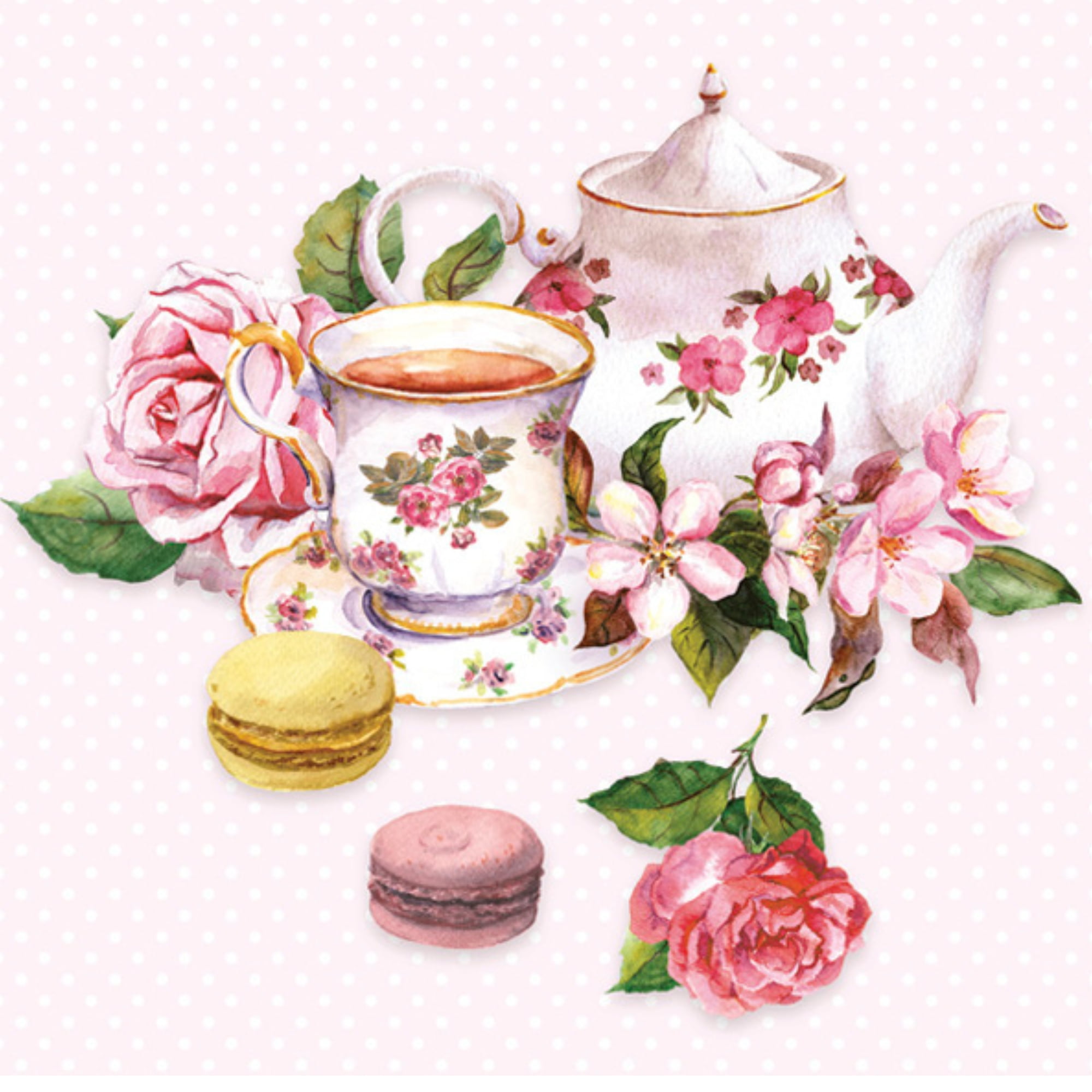 Luncheon Floral Paper Napkins, Decorative Pink Tea Cup Napkins, 20/pack