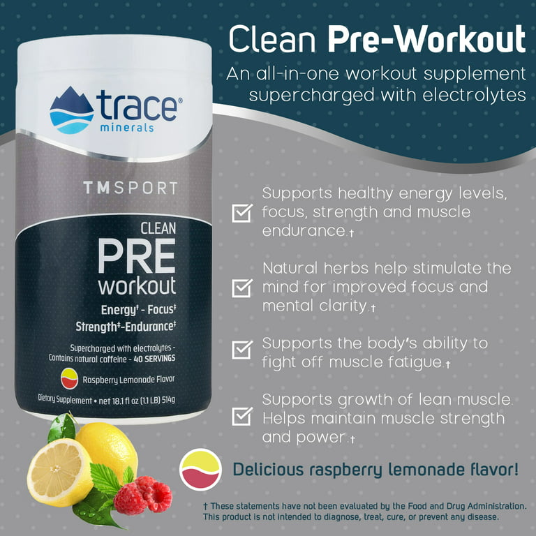 Trace Minerals | Clean Pre Workout Supplement | Carbohydrates I  Powder,Raspberry Lemonade,18.1 fl oz