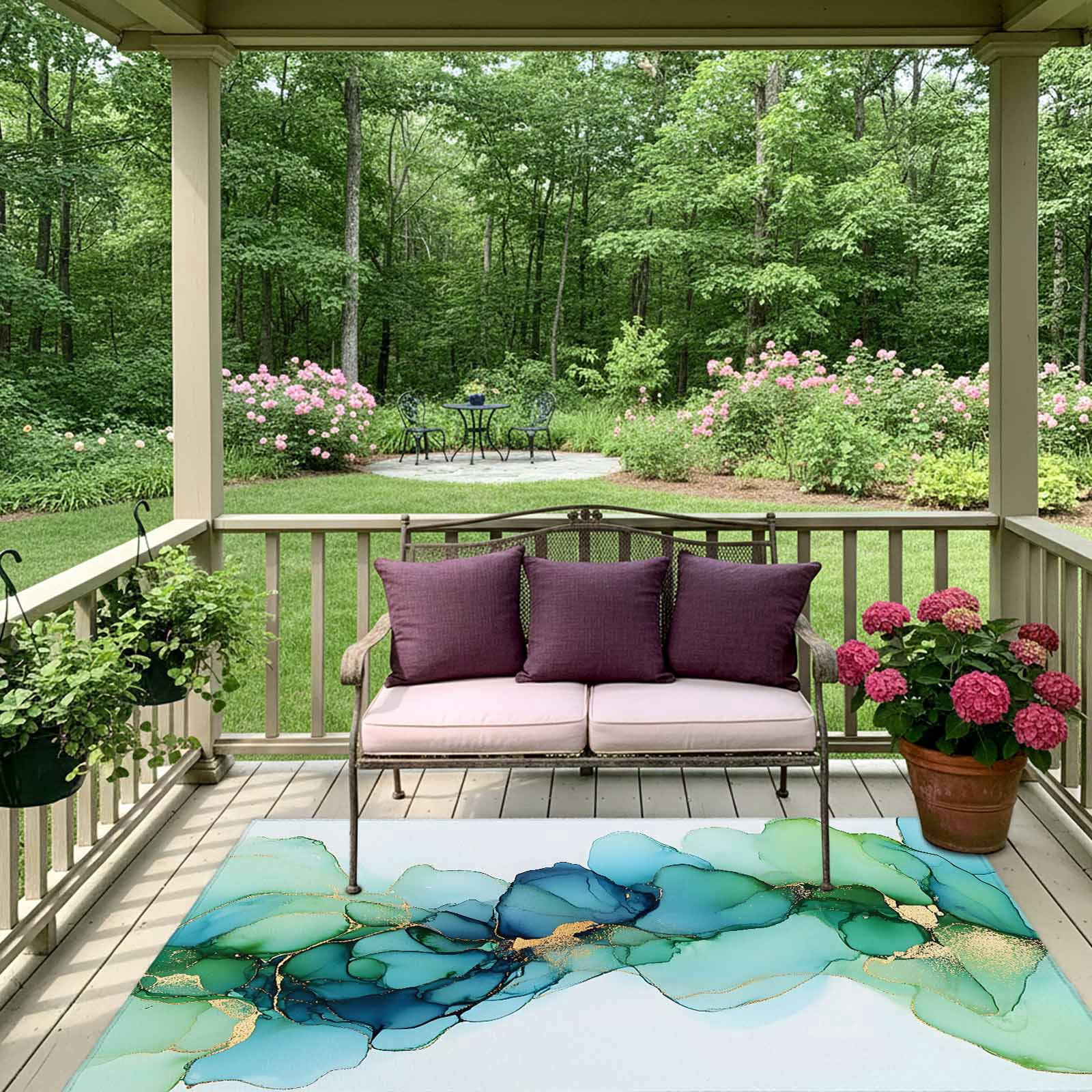 Outdoor Rug 5x8ft Abstract Ombre Green Blue Marble Large Area Rug Modern Art Indoor Outdoor Carpet Outdoor Rugs Mats for Patio Camping,RV,Front Door, Outside Decor
