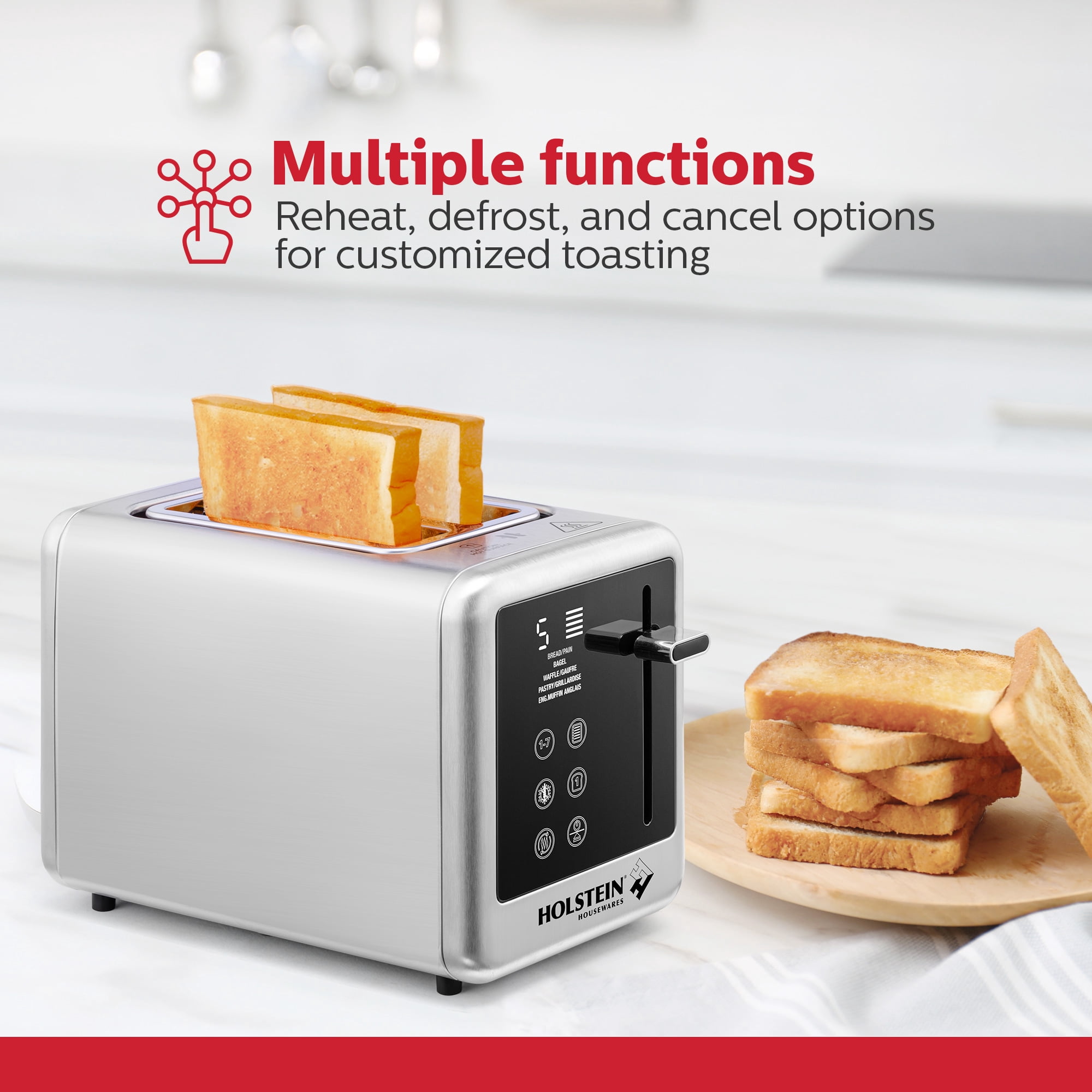 Holstein Housewares 2-Slice Digital Toaster with LED Display, Extra-Wide Slots, High-Lift Bread Release, Reheat and Defrost Functions, Compact Design, and Removable Crumb Tray