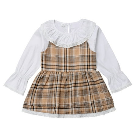 StylesILove Toddler Kid Girl Ruffle Yoke Eyelet Lace Beige Tartan Long Sleeve Cotton Dress Party Outfit (130/5-6 Years)