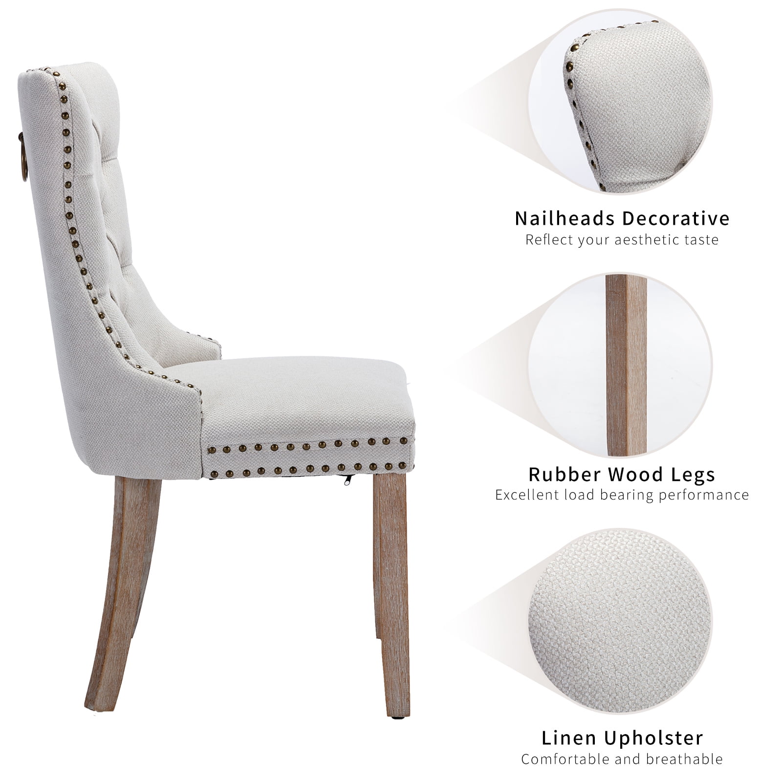 ODUSE-DAILY Beige Linen Dining Chairs Set of 2, Kitchen & Dining Room Chairs, Nailheads Tufted Chair, Sillas De Comedor, Fabric Upholstered, Wood Legs (Beige, 2 Pcs)