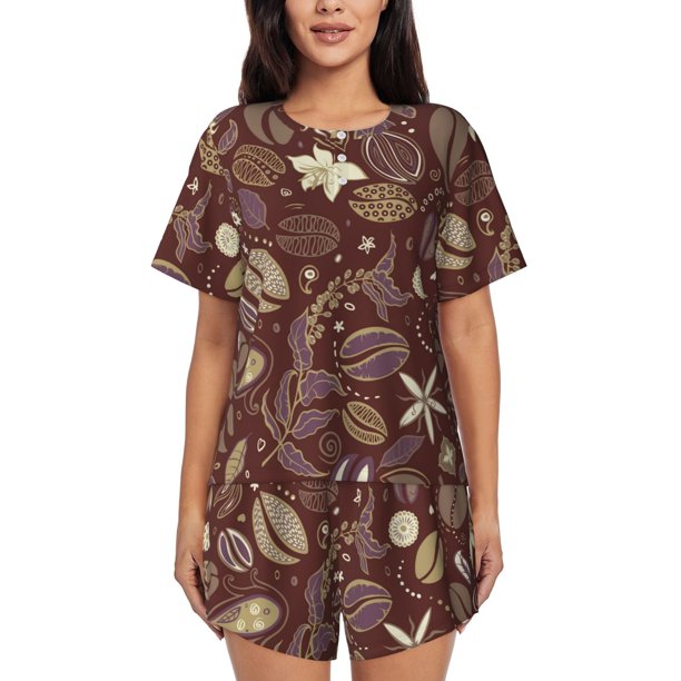 Balery Coffee and Flowers Conjunto de Pijama para Mujer con Estampado, Dos Piezas de Manga Corta y Shorts, Ropa de Dormir Suave con Cuello Redondo y Bolsillos-Large