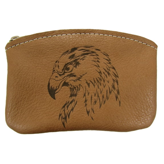 Leather Engraved Bald Eagle Zippered Coin Pouch Change Purse USA Made, Tan