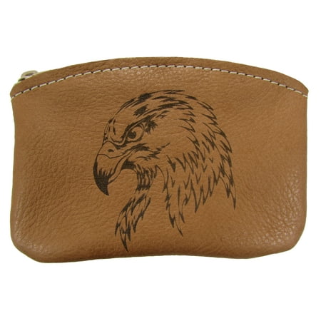 Tan Coin Set - Leather Engraved Bald Eagle Zippered Coin Pouch Change Purse USA Made, Tan