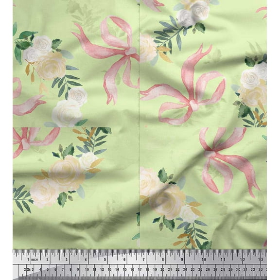 Soimoi Green Cotton Duck Fabric Ribbon & White Rose Wreath Floral Decor Fabric Printed Yard 44 Inch Wide